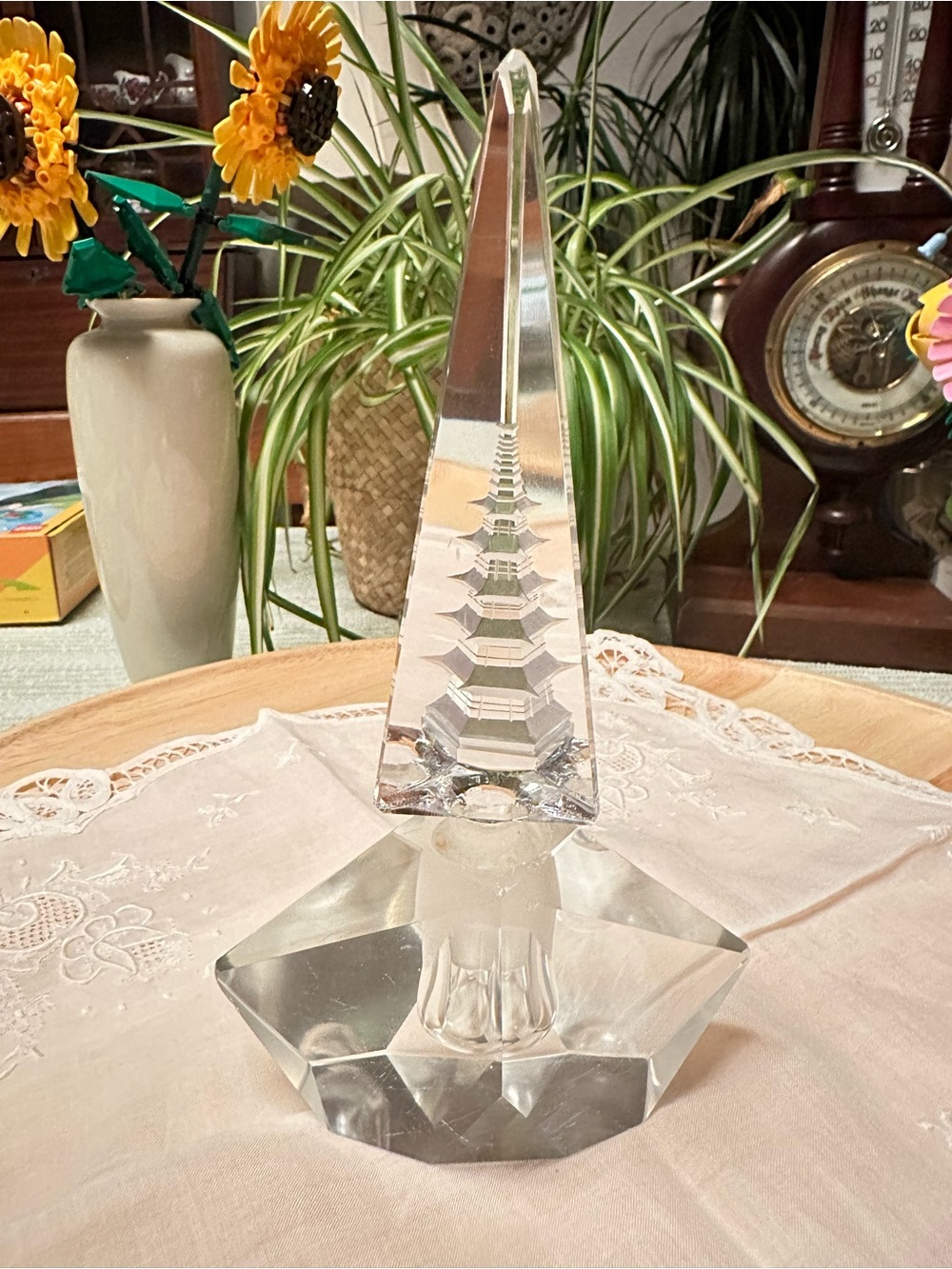 Vintage Crystal Perfume Bottle Pagoda Spire Stopper Art Deco Style 7.5”
